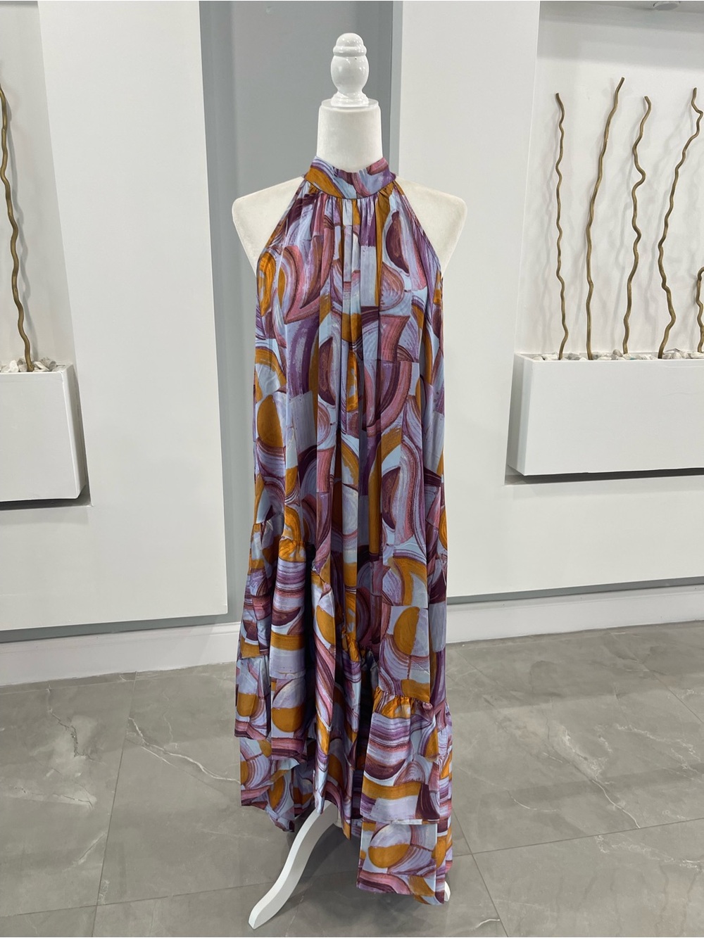 Halter Maxi Dress in Lavender and Mustard Abstract Print